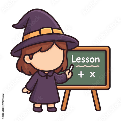 Cartoon witch teaching lesson at chalkboard