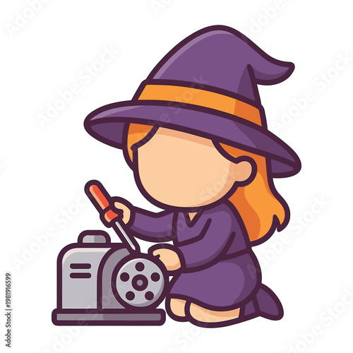 Cartoon Witch Repairing Machine with Screwdriver
