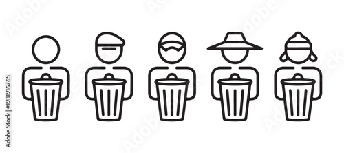 People carrying trash bins line icons featuring various hats representing workers and citizens set.
