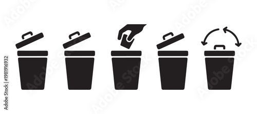 Trash can vector icons, waste basket line symbol, garbage bin outline signs isolated.