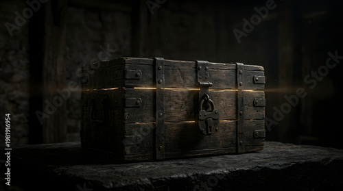 Mysterious Wooden Storage Chest in Dark Medieval Environment with Dramatic Light and Historical Fantasy Atmosphere