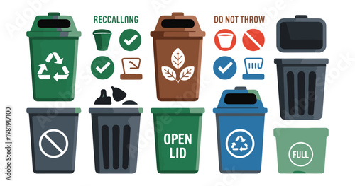 Waste separation concept, recycle bin set, refuse garbage, sorting system, trash can illustration.