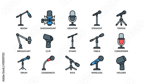 Various microphone types for audio recording and broadcasting setup