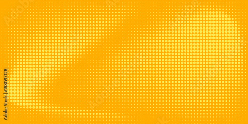 Yellow orange halftone pattern. Retro comic gradient background. Square pixilated dot cartoon texture. Pop art faded gradient pattern. Vector backdrop.