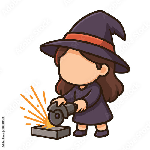 Witch using grinder with sparks cartoon