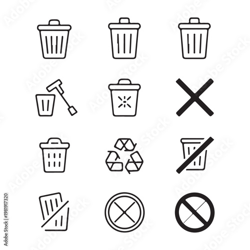 Waste management icons for garbage disposal and recycling symbols in black thin line style isolated.
