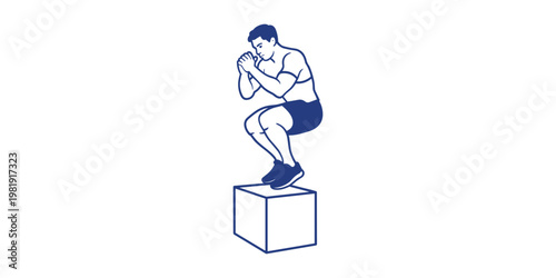 Man in blue shorts and t-shirt jumping onto a white cube with blue outline box jump fitness exercise