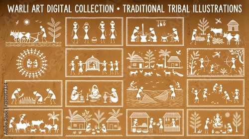 A collection of traditional Warli art illustrations depicting various tribal scenes and daily life activities in a digital format.