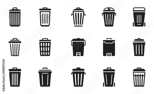 Garbage bin icons collection with various trash container designs in black solid style for disposal.