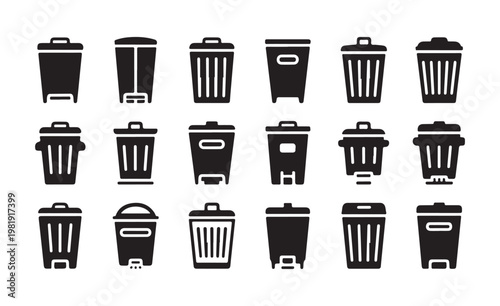 Waste container icons set for trash management and garbage disposal in black solid style silhouette.