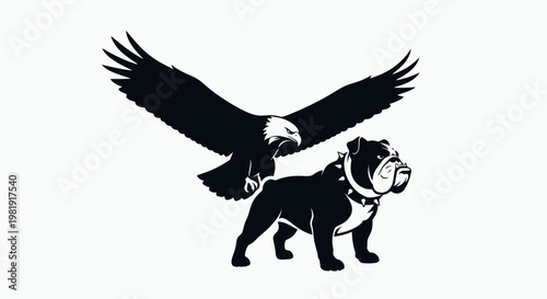 Black and white illustration of a majestic eagle soaring above a powerful bulldog with a spiked collar.