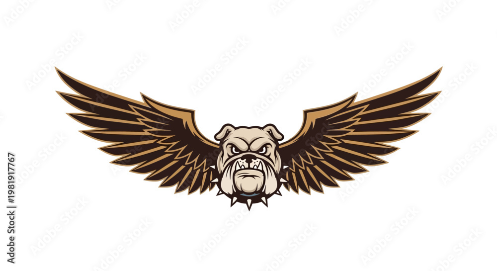 Fototapeta premium Aggressive bulldog head with large, spread wings, featuring a spiked collar and a determined expression, isolated on a white background.
