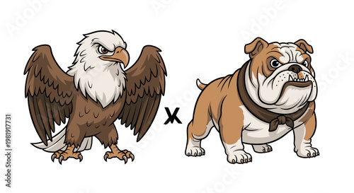 Cartoon eagle and bulldog with an 'X' symbol between them, representing a cross or rivalry concept.