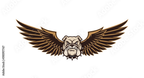 Aggressive bulldog head with large, spread wings, featuring a spiked collar and a determined expression, isolated on a white background.