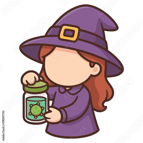 Cartoon witch holding jar with green potion