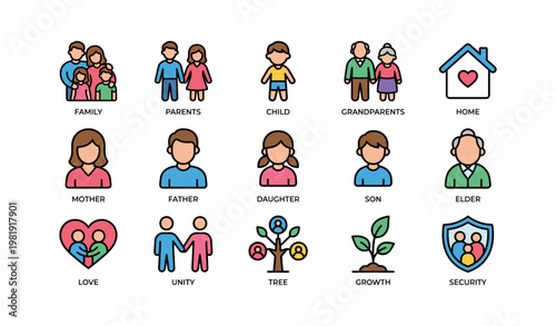 Family icons depicting diverse roles: parents, children, elders, and unity symbols