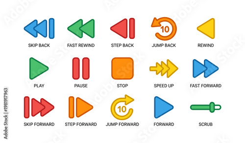Colorful media control icons set for playback and navigation