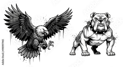 Dynamic black and white illustrations featuring a majestic bald eagle in flight with talons extended and a muscular, aggressive bulldog with a spiked collar, both in a grunge art style.