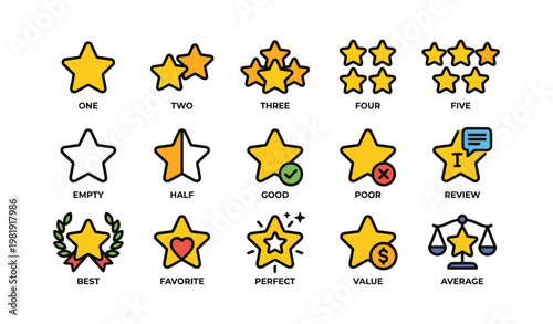 Colorful star rating icons for reviews and feedback systems