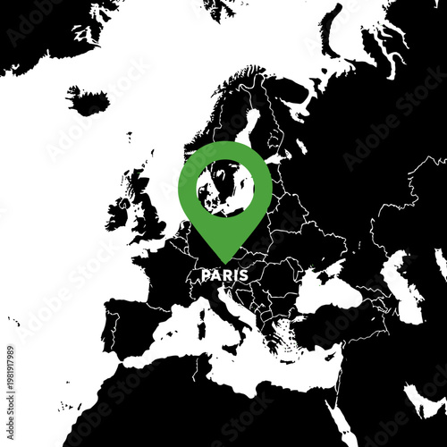 Paris location illustrated on a black and white map of Europe perfect for geography lesson material