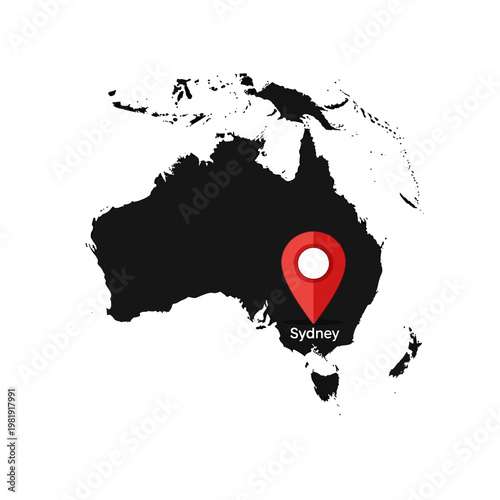 Australia continent detailed map with a marker on Sydney highlighting geography destination travel