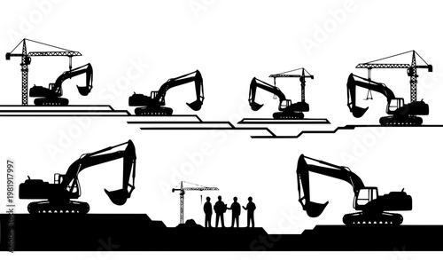 Construction site silhouette with multiple excavators team and city development planning vector illustration