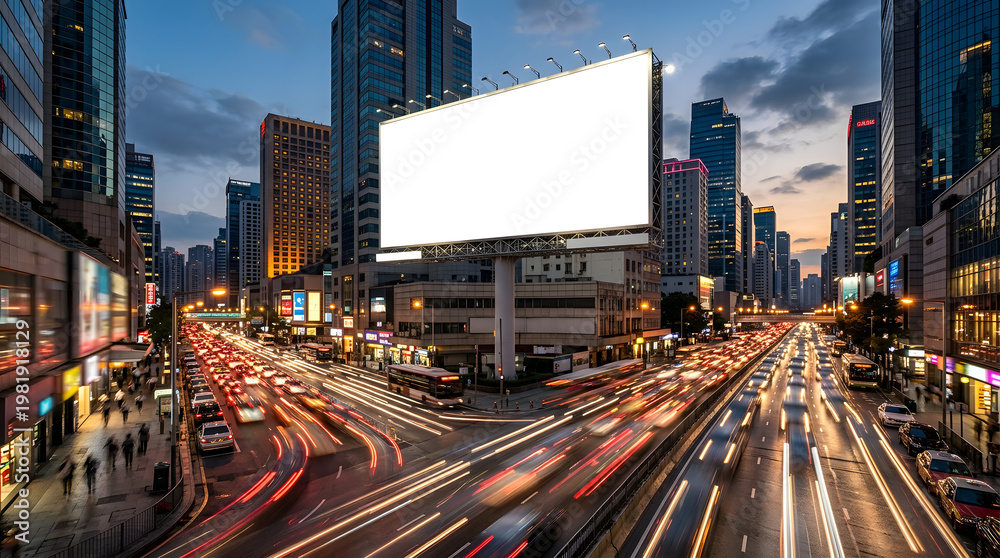 Fototapeta premium Vibrant city traffic light trails streak across a busy urban highway at dusk, capturing the motion of transportation amidst a glowing downtown skyline and modern skyscraper architecture in Asia