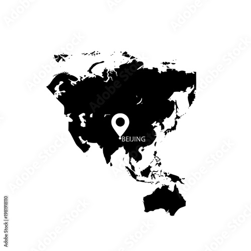 Vector illustration of Asia continent map with Beijing pinpoint minimal design