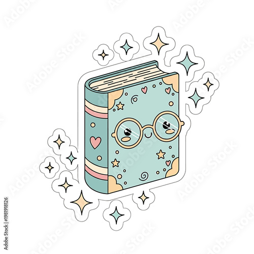 A cartoon book with glasses surrounded by sparkles and stars floats in air