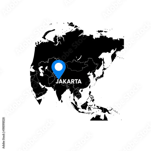 Jakarta location pinned on detailed asia map with a simple black and white design representing