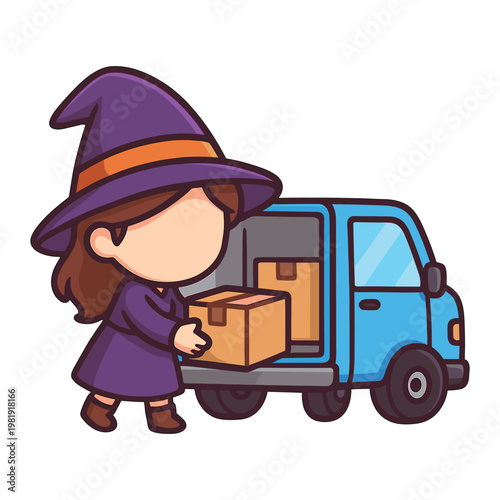 Witch unloading boxes from van flat vector illustration