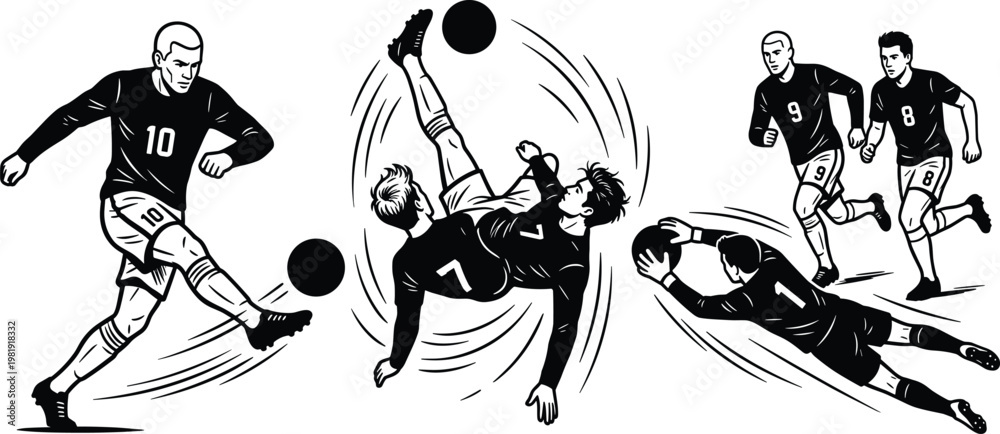 Fototapeta premium Black silhouette illustration of soccer players in dynamic match scene with bicycle kick, diving goalkeeper save, and running motion emphasizing athletic energy and teamwork