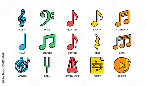 Colorful music symbols and notation icons collection on white background