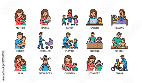 Mother and father with children in various activities and family roles