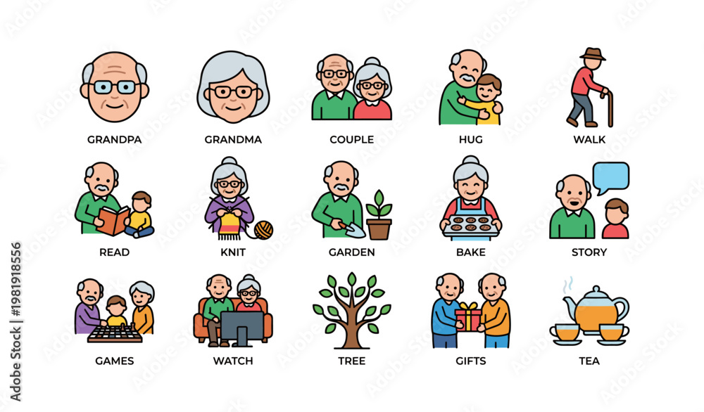 Fototapeta premium Elderly activities and family interaction icons