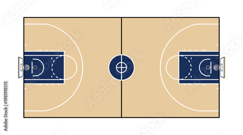 Basketball Court Blueprint: An overhead view of a basketball court with detailed markings, showcasing the strategic layout essential to the sport.