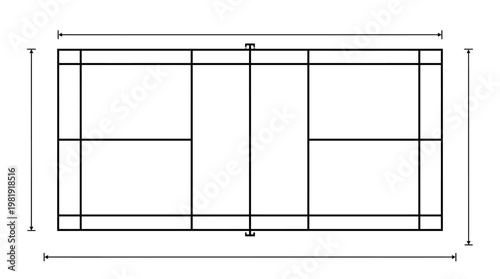 Badminton Court: Bird's-eye view of a badminton court, showcasing the precise layout with clear lines, ready for a game of badminton
