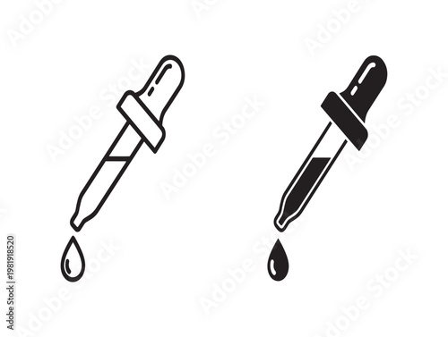 Two black and white dropper bottle illustrations with droplets simple line art style