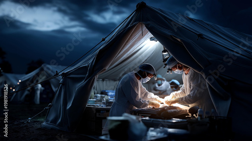 Surgeons operating under harsh lights in a military field hospital tent at night in an urgent emergency atmosphere