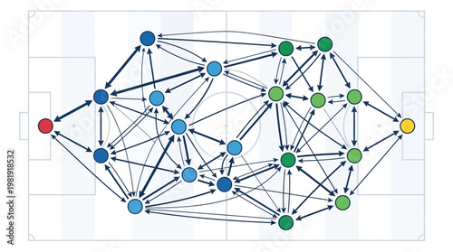 Football strategy and Formation : A dynamic illustration that shows the complexity and coordination of a football team's positioning and strategy on the field.