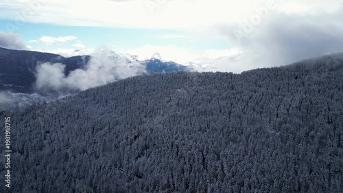 Aerial view of snowy Tarentaise Valley in the French Alps with fog, pine forests and dramatic winter mountains in Savoie, France.