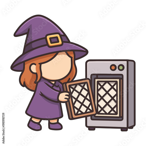 Cute witch baking with oven flat vector
