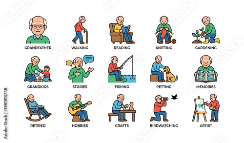 Elderly male engaging in hobbies: reading, knitting, gardening, and more