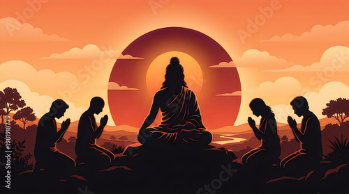 Pixel Art Illustration of People Praying to a Deity at Sunset