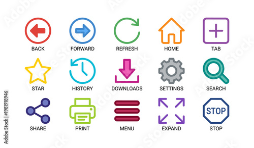 Colorful icon set: navigation, settings, and utility symbols