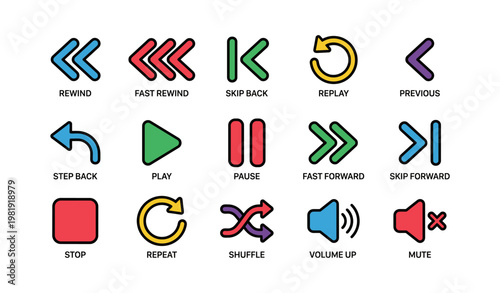 Colorful media icons: rewind, play, pause, volume, shuffle, repeat