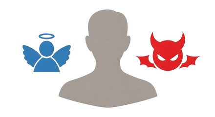 Silhouette with angel and devil icons symbolizing moral choices