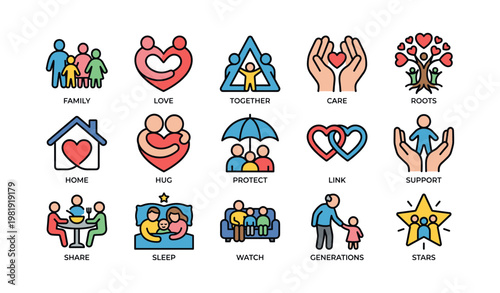 Variety of family and support icons depicting love, togetherness, and generations