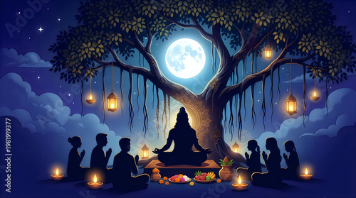 Pixel Art Meditation Scene with Buddha Statue and Lanterns under Moonlight