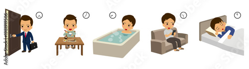 Evening routine activities man illustration set
Daily night routine lifestyle illustration collection